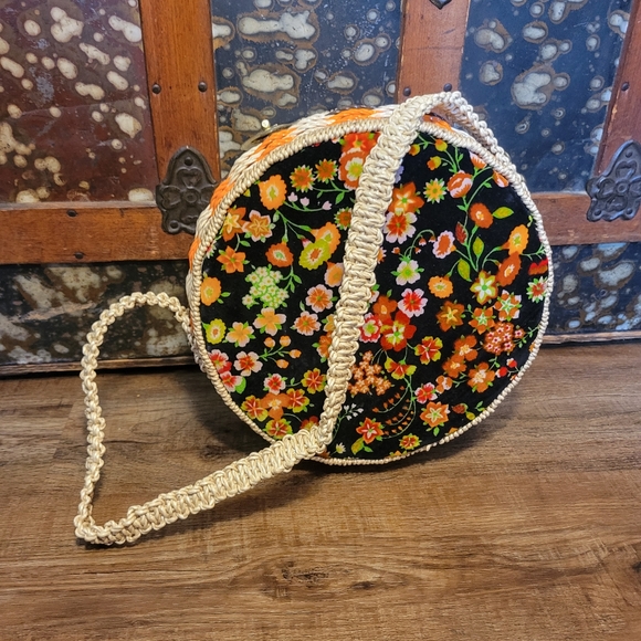 Handbags - Vintage 1970s Wicker Purse with Floral Velvet Accents